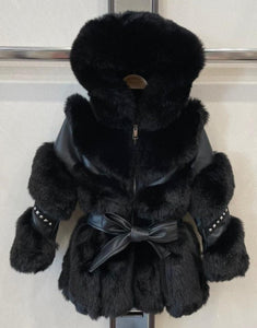 Girl's Black Faux leather & Fur Coat