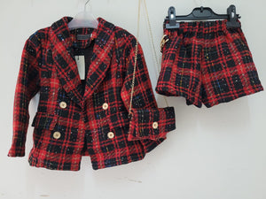 Girl's Red Check Tweed Sparkly 3 Piece Suit