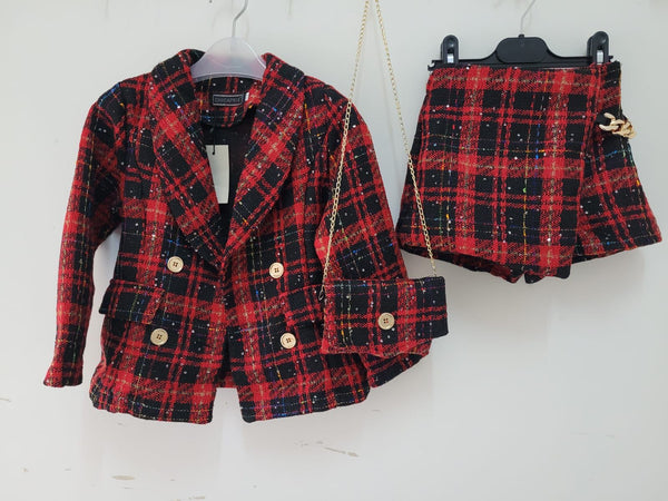 Girl's Red Check Tweed Sparkly 3 Piece Suit