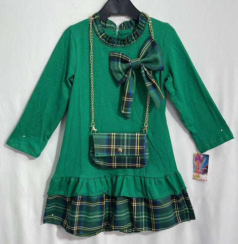 Girl's Emerald Green Dress with tartan Bow & Bag
