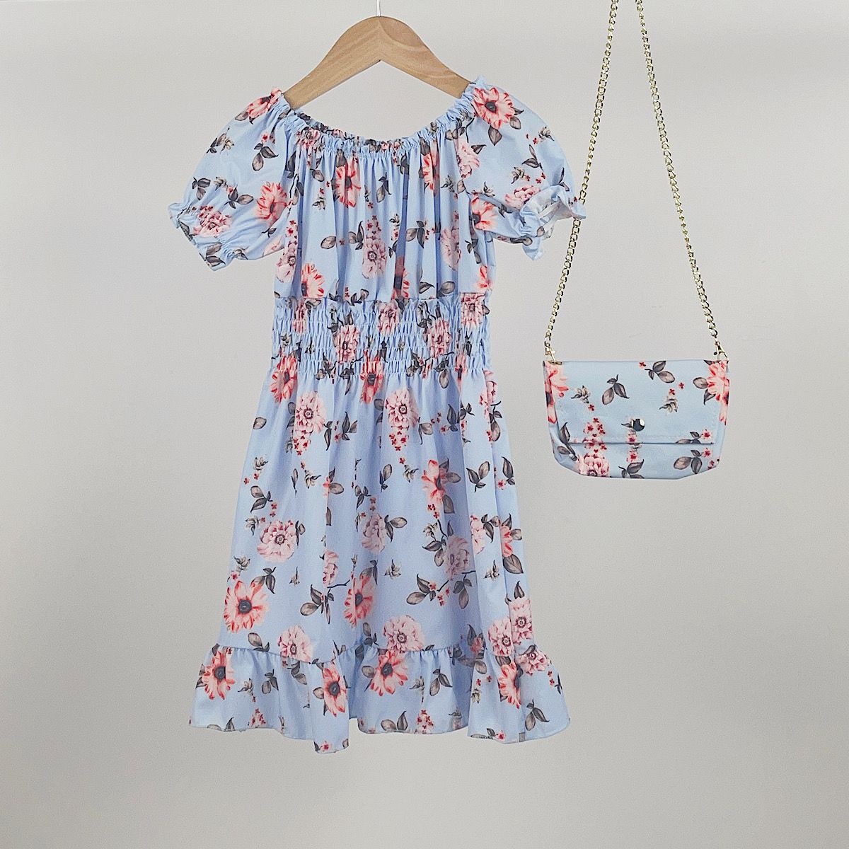 Girl's Baby Blue Floral Dress & Bag