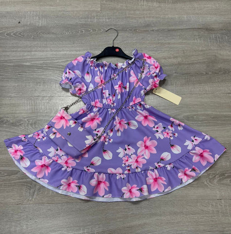 Girl's Lilac Floral Dress & Bag Set