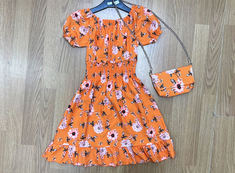 Girl's Orange Floral Dress & Bag