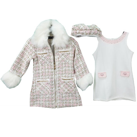 Girl's 3 Piece Pink Faux Fur Trim Jacket, Dress & Hat Set