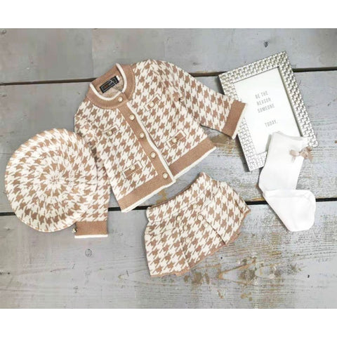 Baby Girl's  Beige/Camel houndstooth Knitted 3 Piece Set