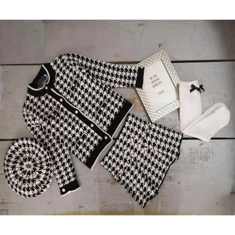 Baby Girl's Black & White Houndstooth Knitted 4 Piece Set