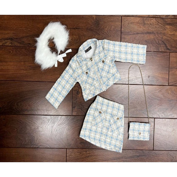 Girl's Baby Blue Faux Fur Check Jacket 3 Piece Set