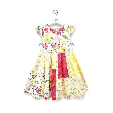 Girl's Yellow Floral Print Patchwork Dress