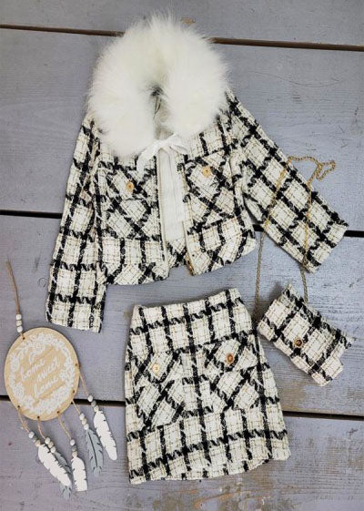 Baby Girl's Black & Cream Faux Fur Check Jacket 3 Piece Set